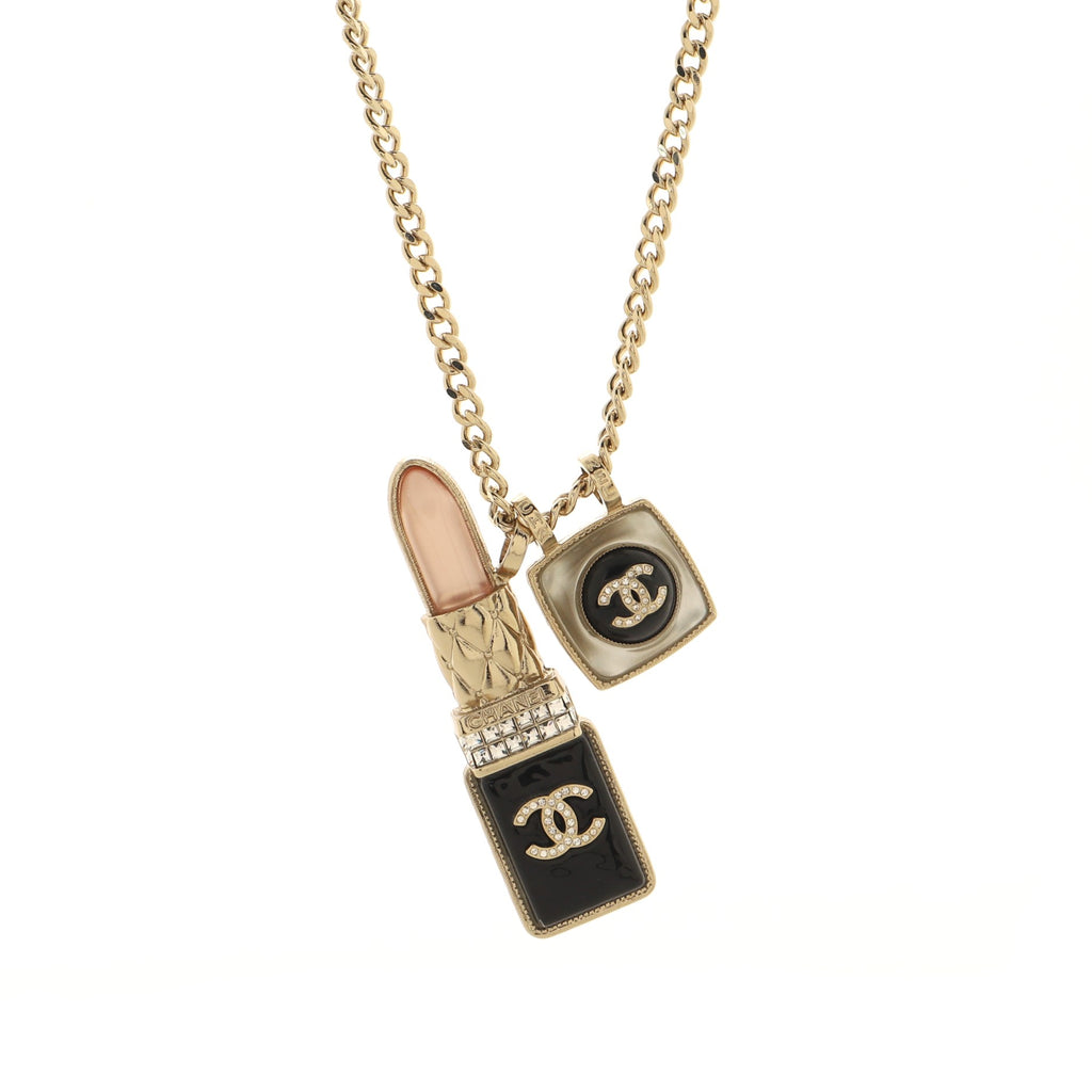 Chanel CC Lipstick Charm Pendant Necklace Metal with Resin and