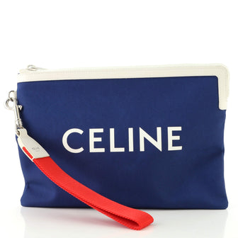 Celine Logo Zip Wristlet Pouch Canvas with Leather Small
