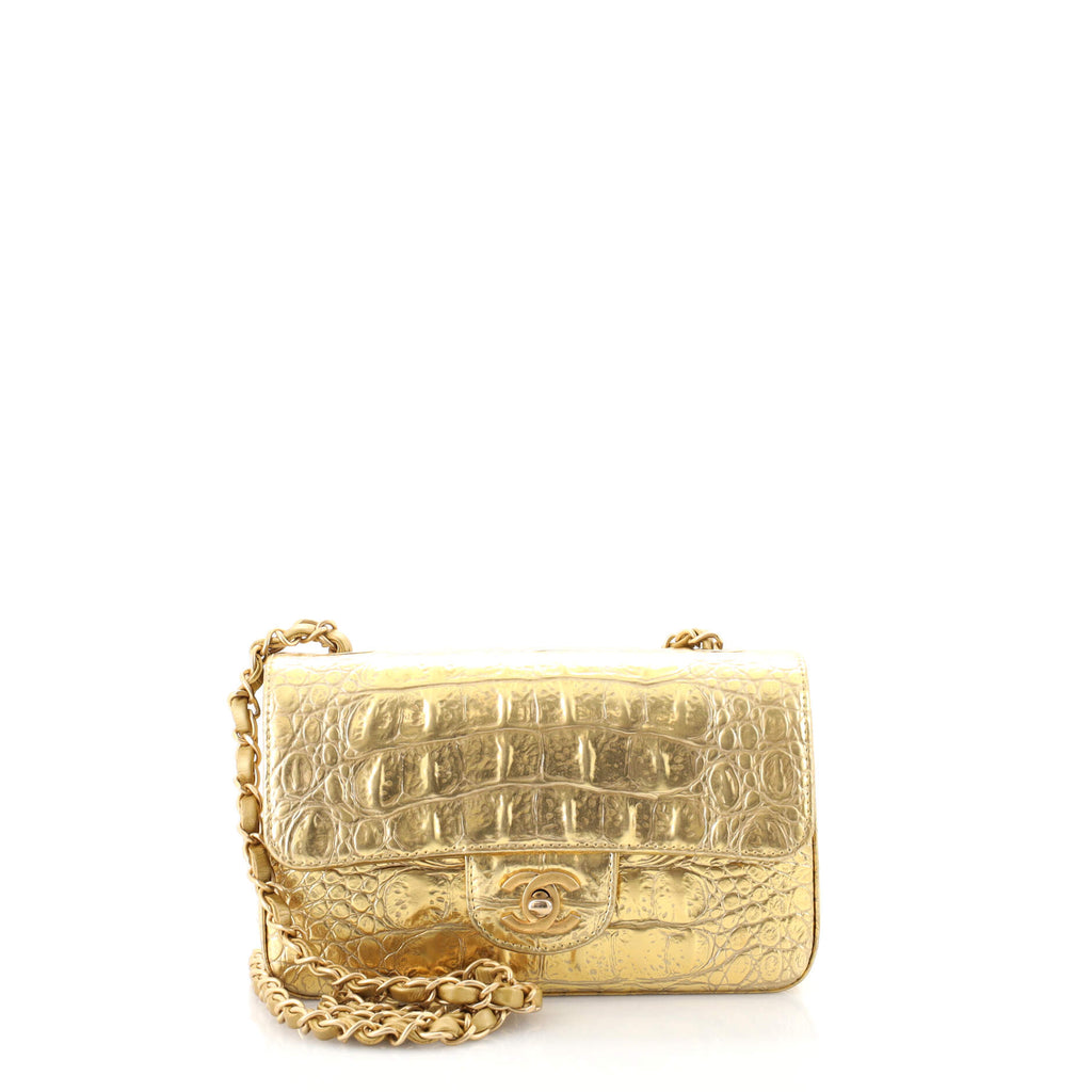 Mini Flap Bag, metallic crocodile embossed calfskin & gold metal