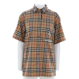 Burberry Women's Patch Short Sleeve Button Down Shirt Cotton Blend