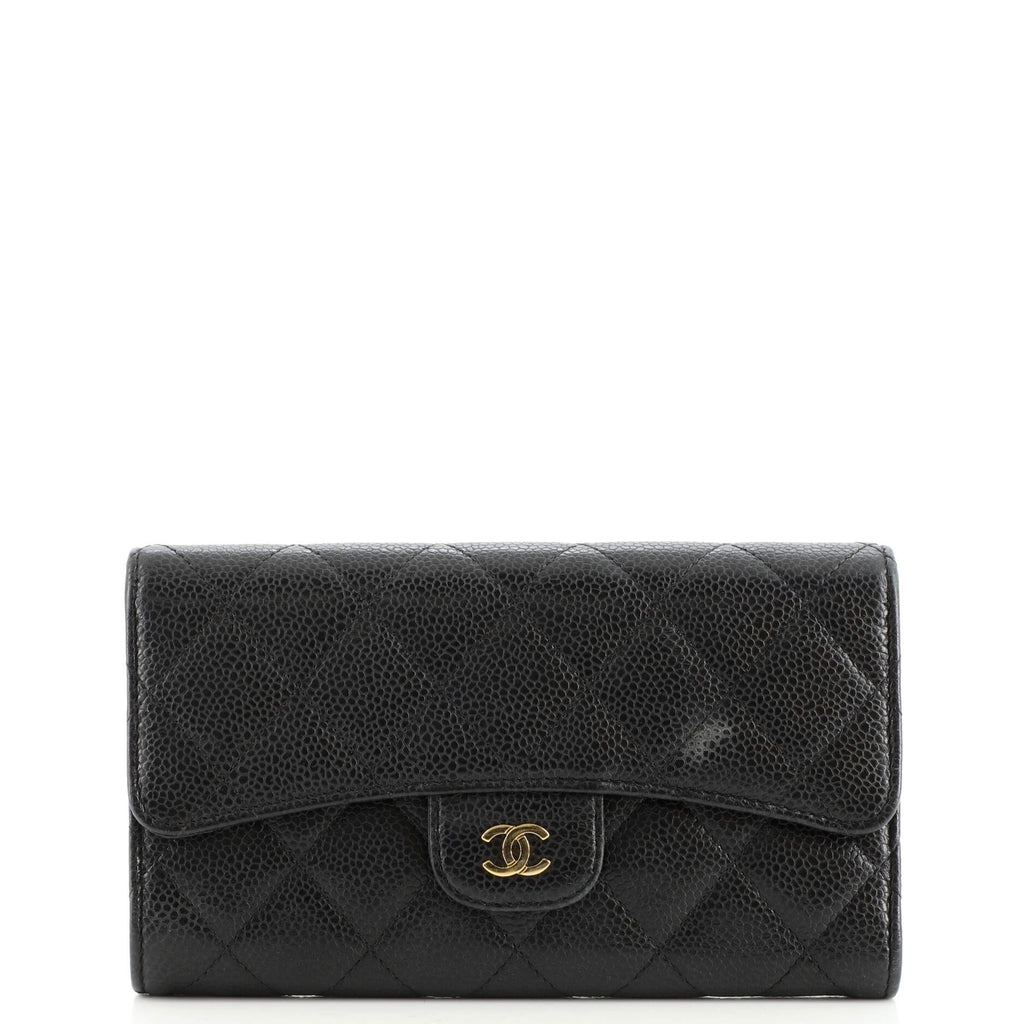 Chanel CC Gusset Classic Flap Wallet Quilted Caviar Long Black 1690553