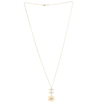 Chanel CC Flower Drop Pendant Necklace Metal with Faux Pearl and Enamel
