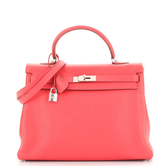 Hermes Kelly Handbag Red Clemence with Palladium Hardware 35