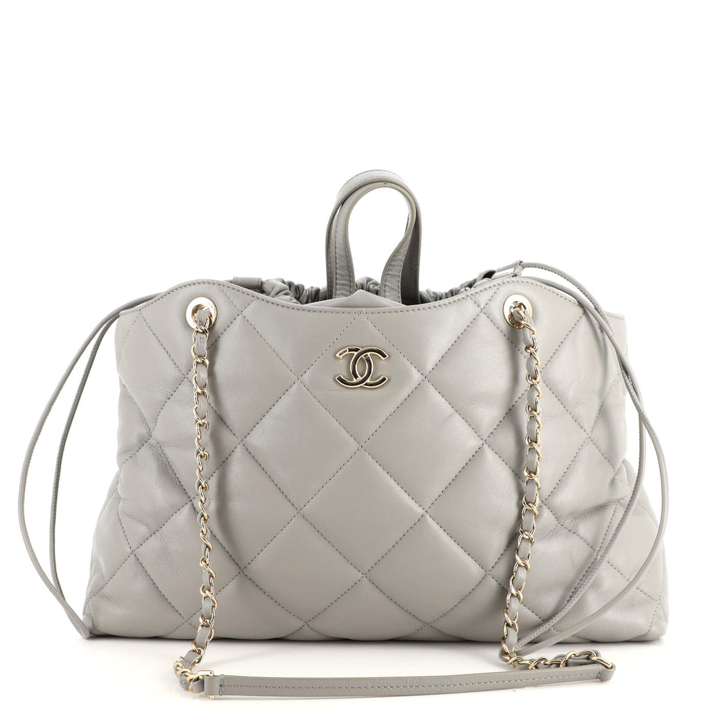 Chanel CC Drawstring Shopping Tote Quilted Lambskin Large Gray 16905988