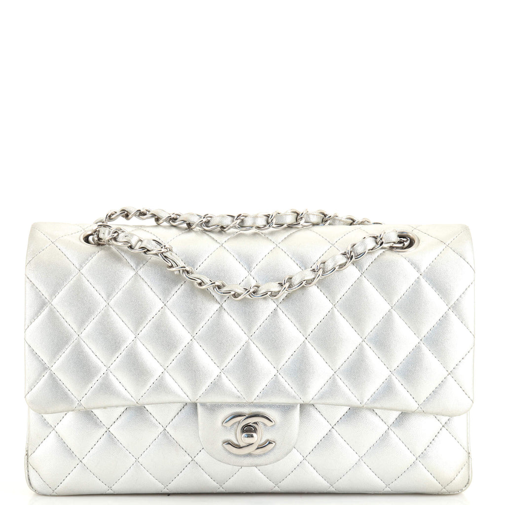 Metallic Silver Quilted Lambskin Classic Double Flap Medium