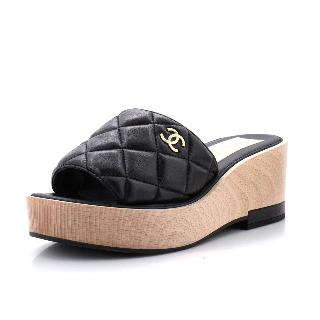 Chanel Women's Open Toe Platform Sandals Quilted Leather and Wood Black  1691801