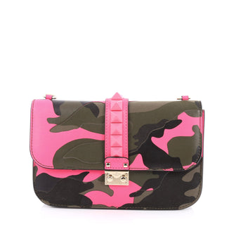 Valentino Glam Lock Shoulder Bag Camo Leather and Canvas Medium Pink