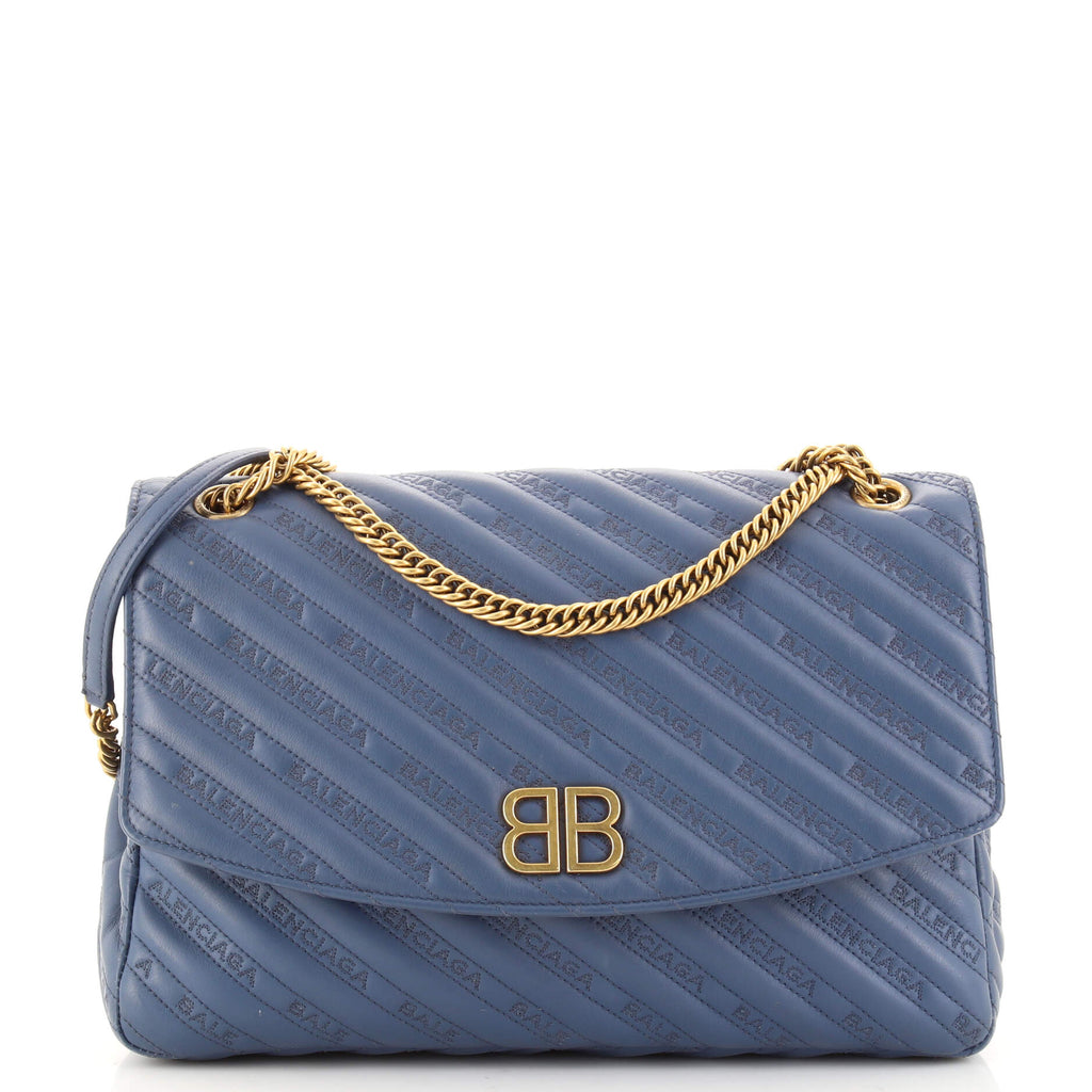 Balenciaga BB Chain Round Shoulder Bag Quilted Embroidered Leather Large  Blue 1692601
