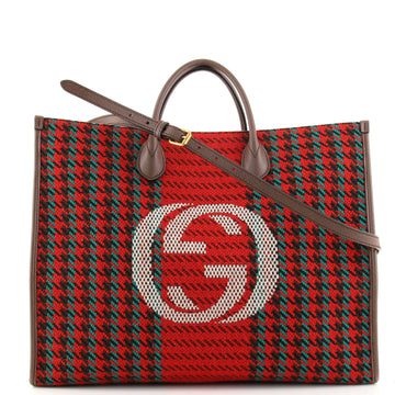 Gucci Interlocking G Shopping Tote Houndstooth Tweed Large
