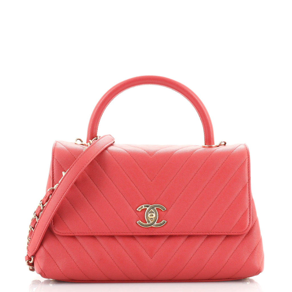 CHANEL Caviar Chevron Quilted Mini Coco Handle Flap Pink 504604