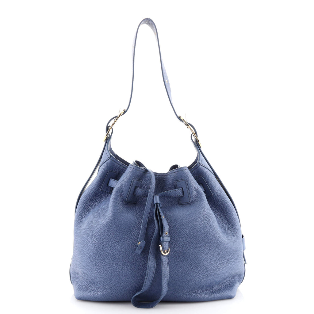 Salvatore Ferragamo Carla Drawstring Bucket Bag Leather Large Blue