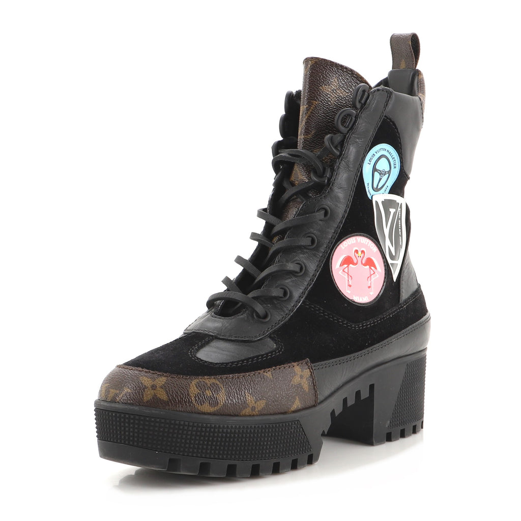 Louis Vuitton Black/Brown Suede, Monogram Canvas And Leather Laureate  Platform Desert Ankle Boots Size 38