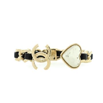 Chanel CC Heart Chain Link Cuff Bracelet Metal and Leather with Pearl