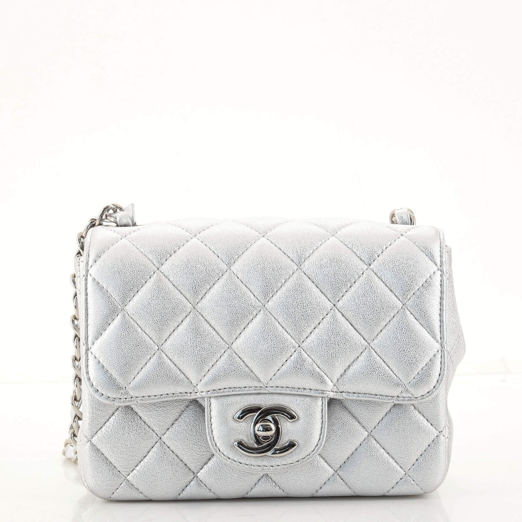Chanel Square Classic Single Flap Bag Quilted Metallic Lambskin Mini Silver  1696881