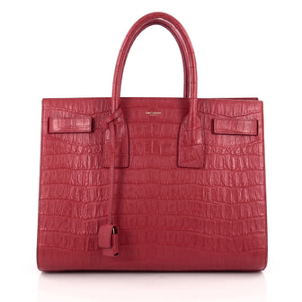 Saint Laurent Sac De Jour Carryall Handbag Crocodile Embossed Leather Medium Red