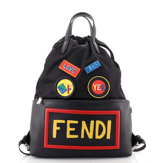 Fendi Monster Vocabulary Drawstring Backpack Printed Nylon with Patches Large