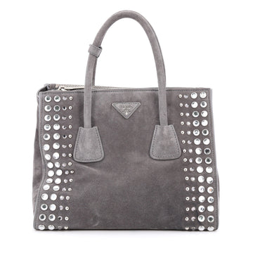 Prada Twin Pocket Tote Studded Suede Medium Gray