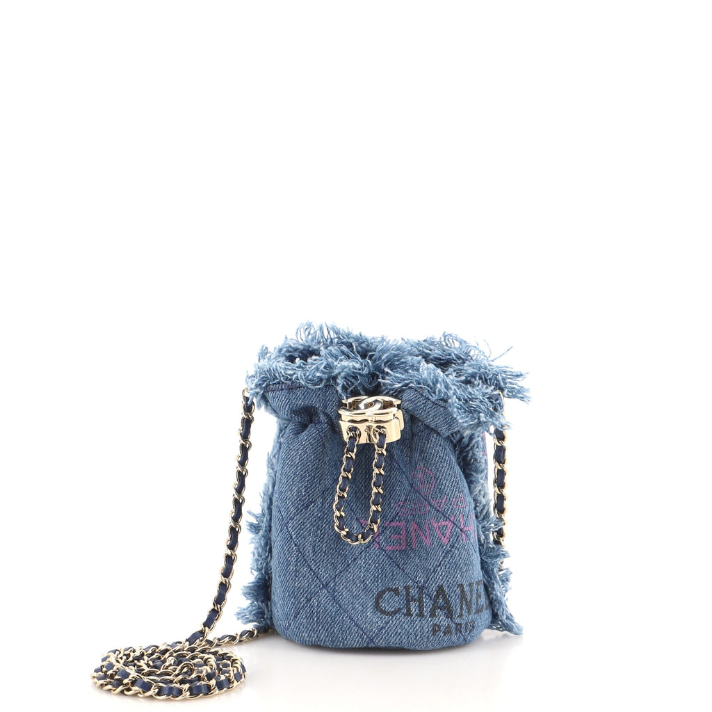CHANEL Mini Bucket Bag Blue Denim Print CC Logo Drawstring Gold Chain Strap