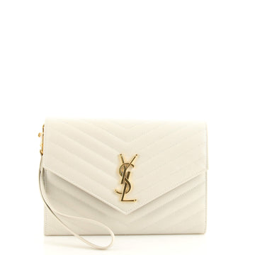 Saint Laurent Classic Monogram Flap Wristlet Clutch Matelasse Chevron Leather
