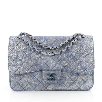 Chanel Classic Double Flap Bag Limited Edition Crackled Calfskin Jumbo Blue