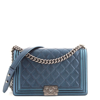 Chanel Boy Flap Bag Quilted Perforated Lambskin New Medium Blue 1702481