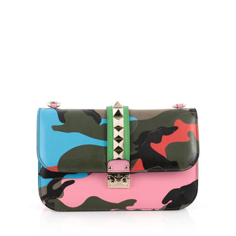 Valentino Glam Lock Shoulder Bag Camo Leather and Canvas pink