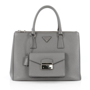 Prada Front Pocket Double Zip Lux Tote Saffiano Leather Medium gray