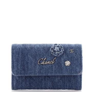 Chanel Camellia Charms Flap Card Case Quilted Denim