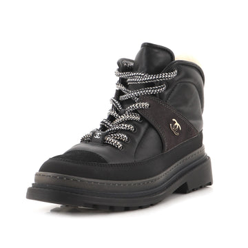 Chanel Women's CC Lace Up Ankle Boots Leather and Shearling