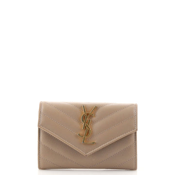 Saint Laurent Classic Monogram Flap Wallet Matelasse Chevron Leather Small