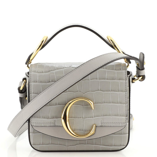 Chloe C Flap Bag Crocodile Embossed Leather Mini Gray 1704712