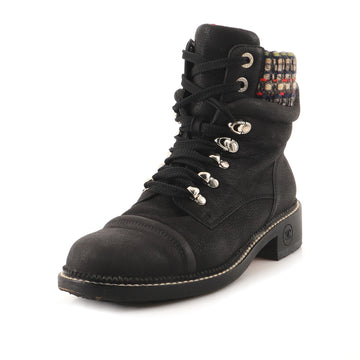 Chanel Women's Cap Toe Combat Boots Leather with Tweed