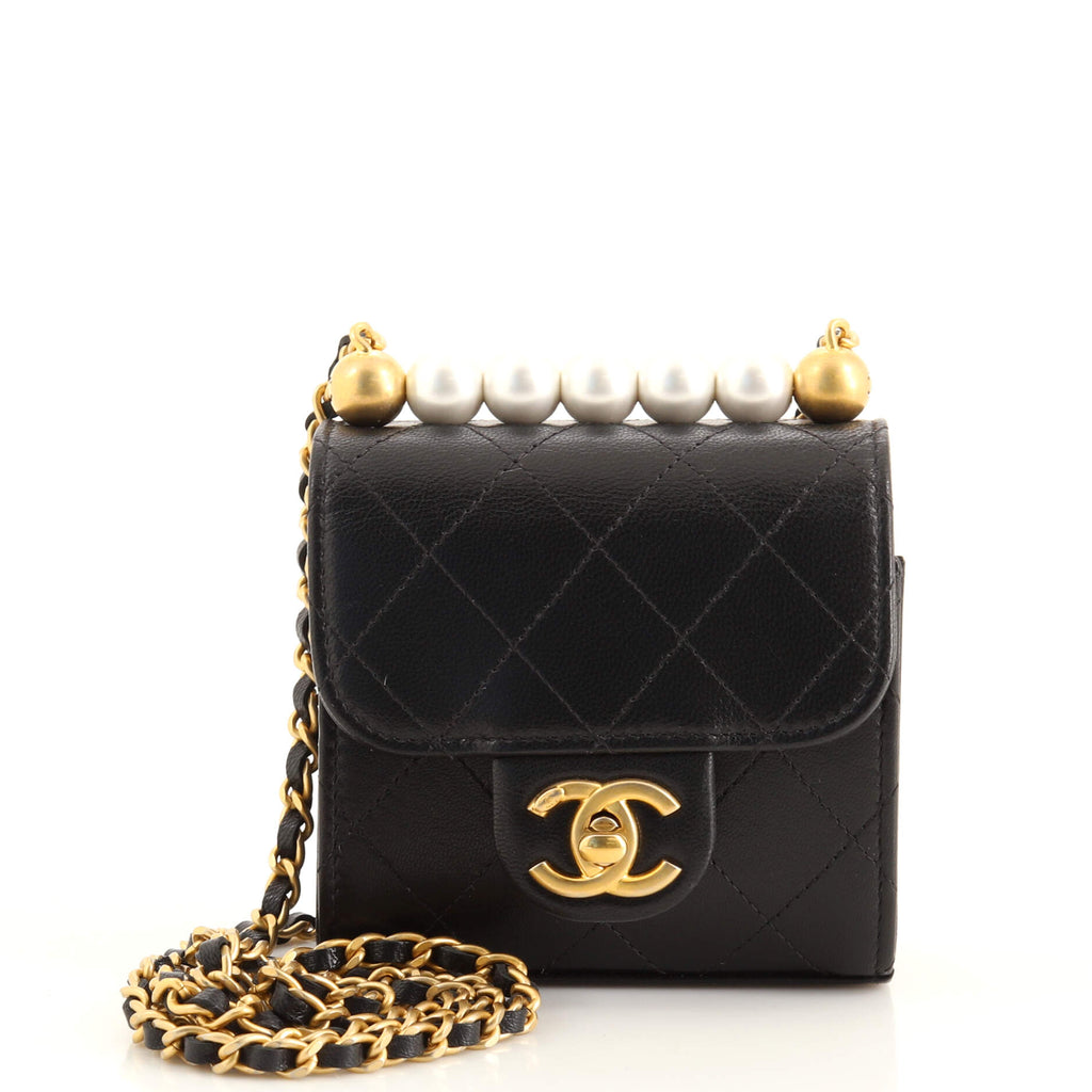 Chanel  New 20C Mini Chic Pearls Quilted Flap Black Leather Cross