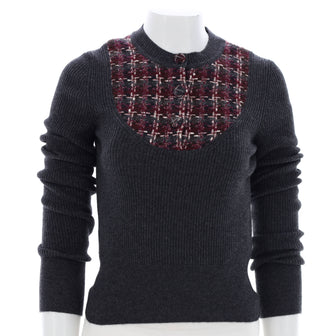 Chanel Women's Half Button Crewneck Sweater Cashmere with Tweed