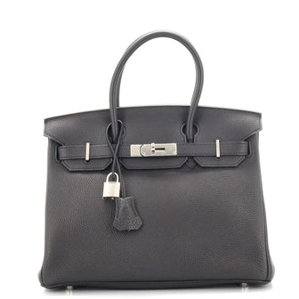 Hermes Birkin Handbag Black Clemence with Palladium Hardware 30
