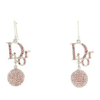 Christian Dior Vintage Logo Ball Dangling Earrings Metal with Crystals