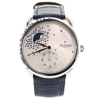 Arceau Petite Lune Automatic Watch Stainless Steel and Alligator with Blue Sapphires, Diamonds and Mother of Pearl 38
