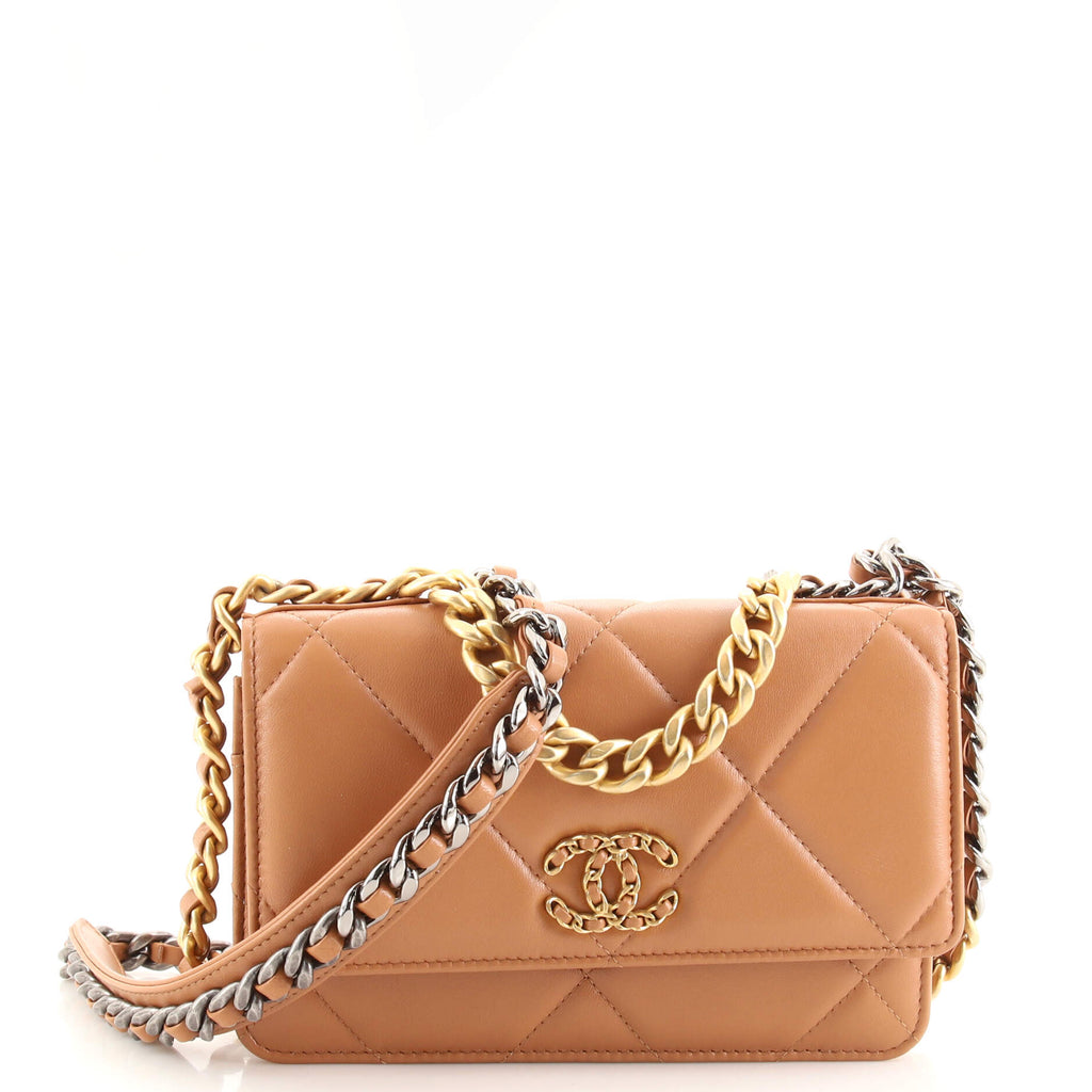 CHANEL Lambskin Quilted Chanel 19 Wallet On Chain WOC Brown 683597