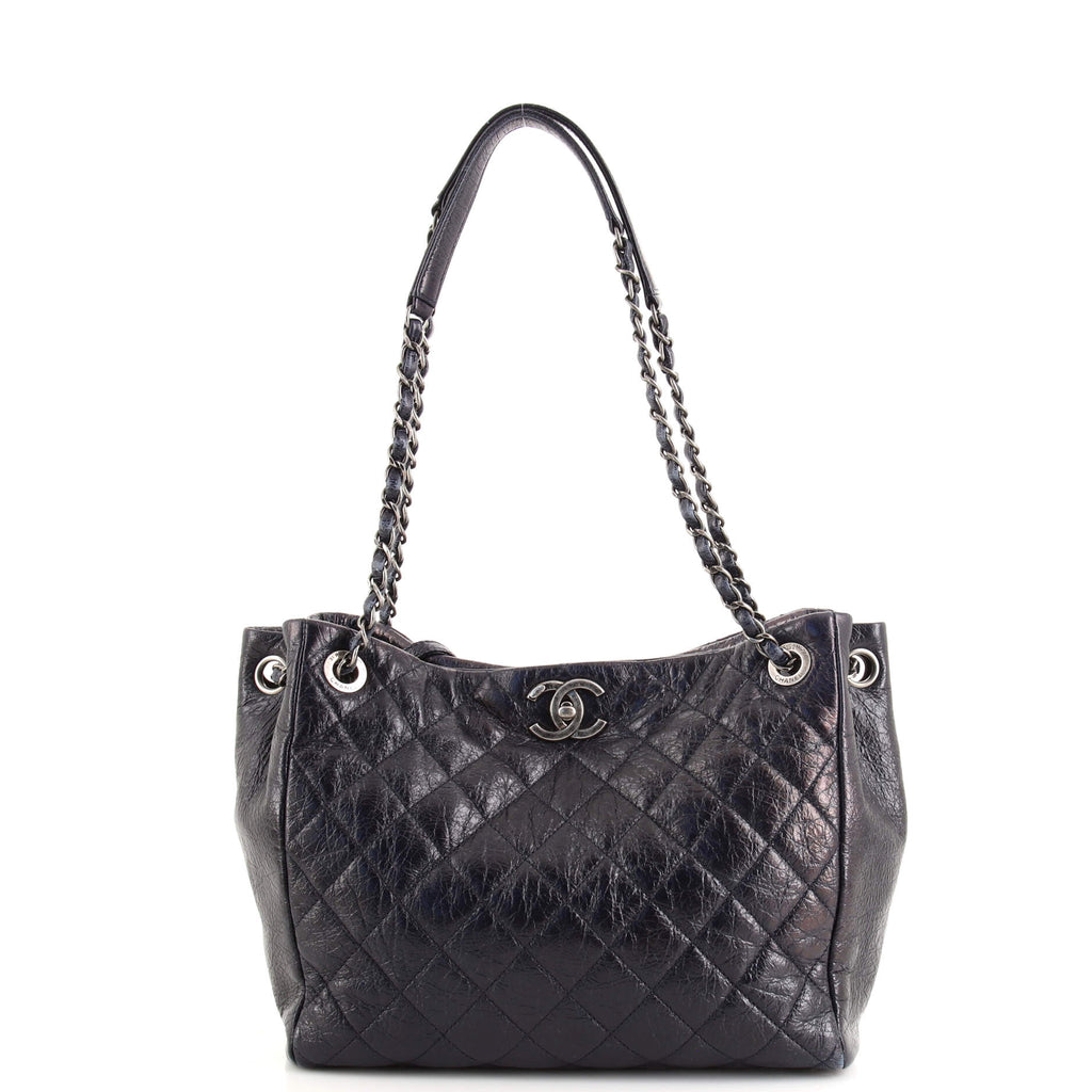 Calfskin Quilted Large Classic Shopping Tote Black SHW