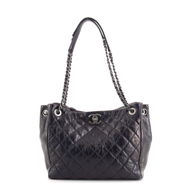 Chanel CC Chain Shopping Tote Quilted Glazed Calfskin Small Black