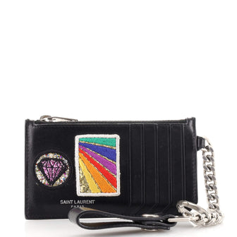 Saint Laurent Fragment Zip Card Holder Patch Embellished Leather