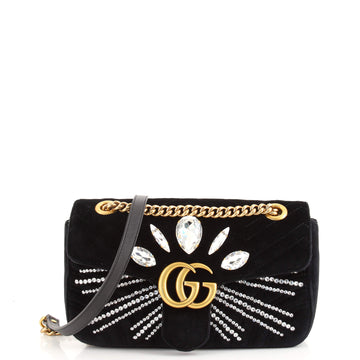 Gucci GG Marmont Flap Bag Crystal Embellished Matelasse Velvet Medium