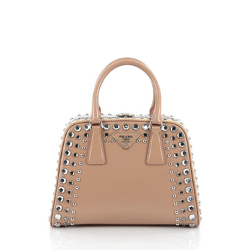 Prada Pyramid Top Handle Bag Studded Vernice Saffiano neutral