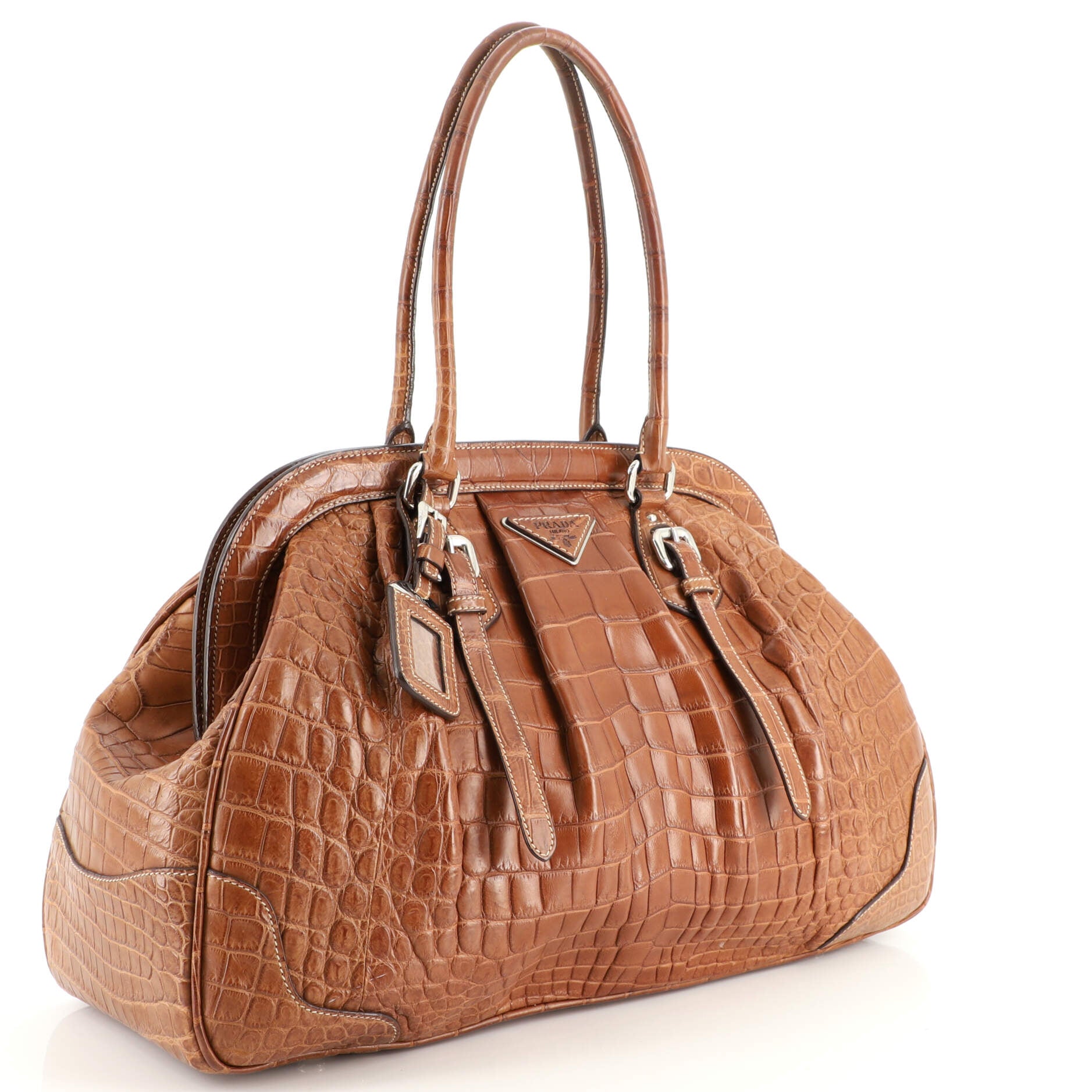 バッグ PRADA Leather Frame Doctor Large Handbag Prada Frame Doctor Bag Crocodile Large Brown 1709503