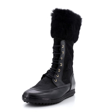 Gucci Women's Lace-Up Winter Boots GG Nylon and Leather with Fur