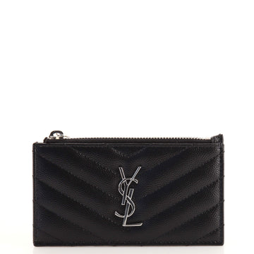 Saint Laurent Monogram Fragments Zip Card Holder Matelasse Chevron Leather