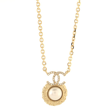 Chanel CC Round Pearl Pendant Necklace Embellished Metal with Crystals and Faux Pearl