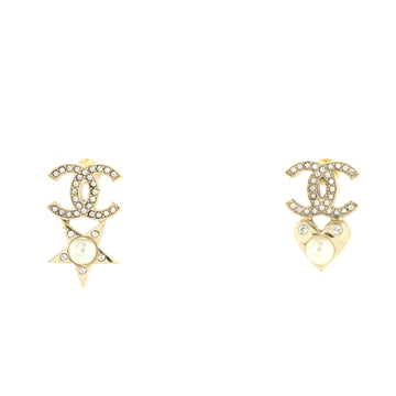 Chanel Charming Winter CC Heart Star Earrings Crystal Embellished Metal and Faux Pearls