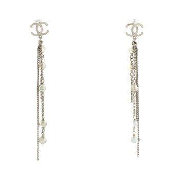 Chanel CC Chain Fringe Dangle Earrings Metal with Faux Pearls