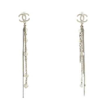 Chanel CC Chain Fringe Dangle Earrings Metal with Faux Pearls